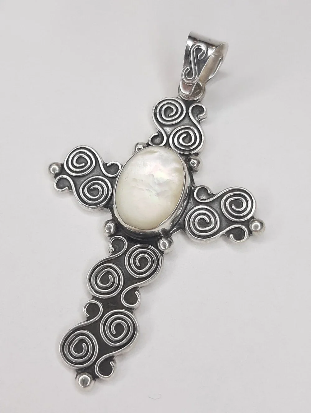 Vintage MSW 925 Sterling Silver Cross Pendant Mexico Stamped Mother Of Pearl
